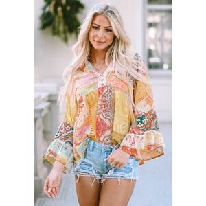 Multicolor Paisley Patchwork Boho Blouse V-Neck Bell Sleeve Tunic Sheer Top Sz S